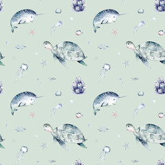 Watercolor seamless pattern with underwater world Bright fish, whale, shark dolphin starfish animals. Jellyfish seashells. Sea and ocean fish life background - 747778079