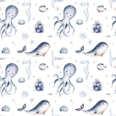 Watercolor seamless pattern with underwater world Bright fish, whale, shark dolphin starfish animals. Jellyfish seashells. Sea and ocean fish life background - 747778082