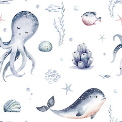 Watercolor seamless pattern with underwater world Bright fish, whale, shark dolphin starfish animals. Jellyfish seashells. Sea and ocean fish life background - 747778091