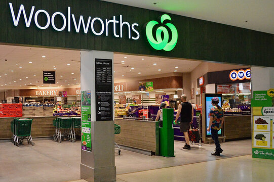 A view of the entrance to a Woolworths supermarket at Southlands in Penrith, Australia...