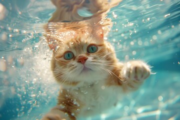 Playful Kitten Swimming Underwater in a Pool - obrazy, fototapety, plakaty