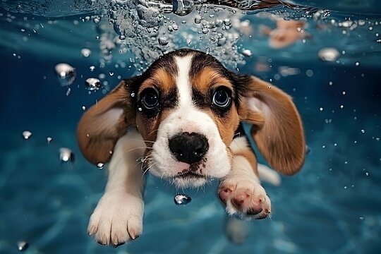 Beagle Puppy Submerged in Blue Water