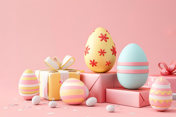 Easter Day background with 3D Easter eggs, 3d festive celebration party theme background