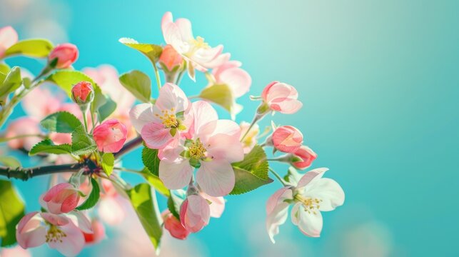 apple flowers are blooming, on blue background sky