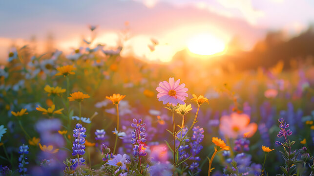 Wild flowers in a meadow at sunset. Macro image, shallow depth of field. Abstract summer nature background