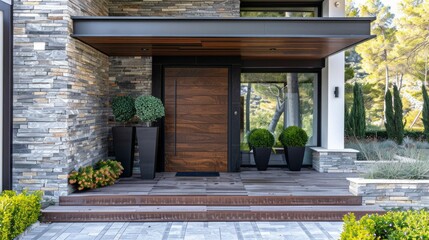 typical facade of a modern suburban house. front entrance door - obrazy, fototapety, plakaty