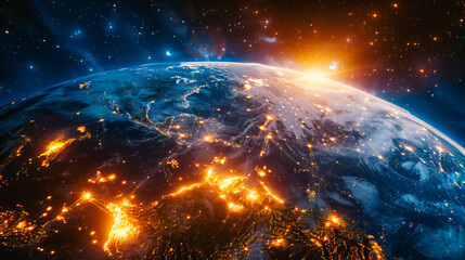 Planet Earth from Space at Night, Concept of Global Travel and Astronomy, Illuminated Cities and...