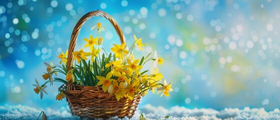 yellow flowers in a wicker basket - banner concept background