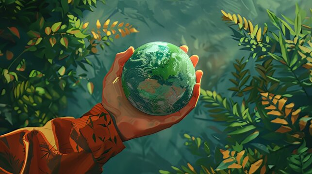 The environmentalist's hand holds the green earth, symbolizing sustainable living. 