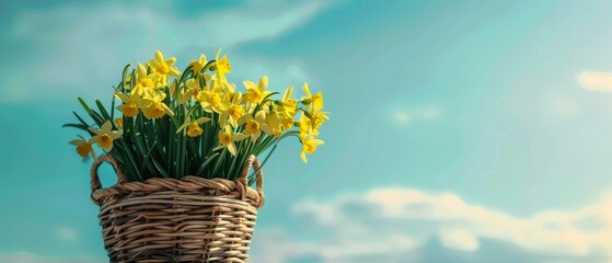yellow flowers in a wicker basket - banner concept background - obrazy, fototapety, plakaty