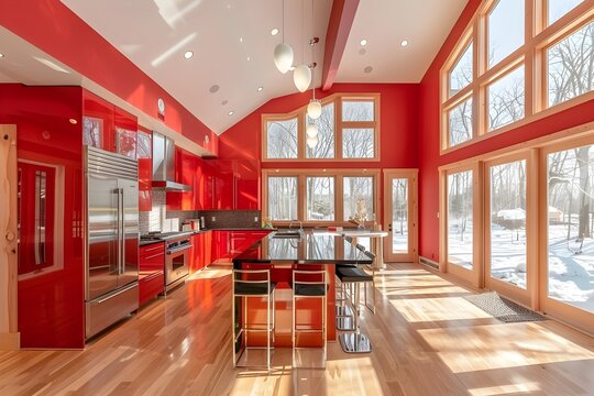 Bright Red Kitchen with Large Windows and Wooden Flooring