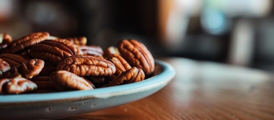 A close-up view of a bowl filled with pecans placed on a wooden table. The pecans are in-shell and ready to be cracked open for snacking or baking purposes.