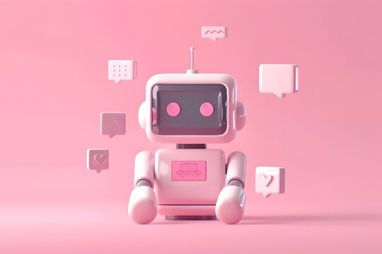 Cute Robot Sitting on a Pink Background Chatting with Colorful Communications Text