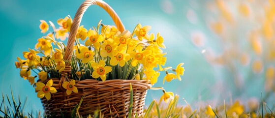 yellow flowers in a wicker basket - banner concept background - obrazy, fototapety, plakaty