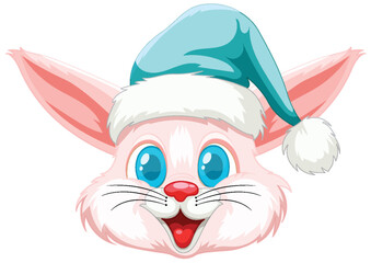 Cute rabbit wearing a Christmas hat, smiling joyfully.