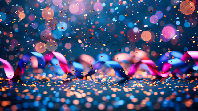 Party Background with Bokeh and Shiny Glitter, Festive Christmas Lights in Blue, Design for Celebration and Bright Events