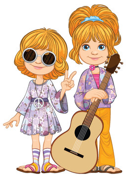 Two cartoon girls in retro outfits with a guitar.