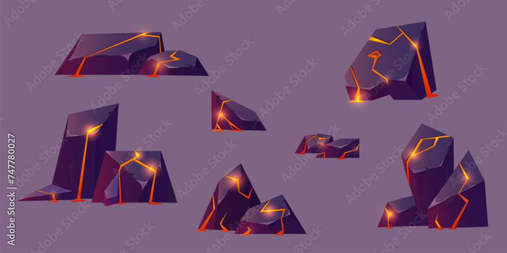 Poster rocks with cracks and liquid flowing bright glowing orange and red lava. cartoon vector illustration