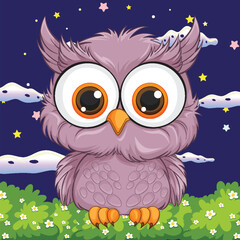 Adorable owl illustration with stars and clouds