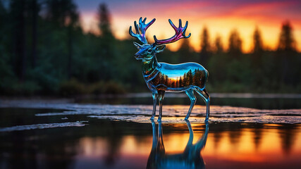 Image of a glass deer, standing in a colorful forrest with a river and sunset in the background, reflections, ultra realistic, ultra detailed

