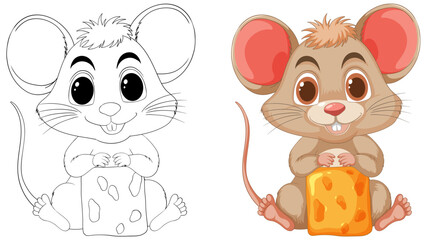 Obraz na płótnie Canvas Two cute mice, one holding a cheese block.