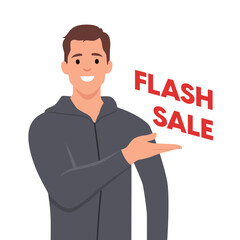 Man with promotion banner with flash sale and cashback concept. Flat vector illustration isolated on white background
