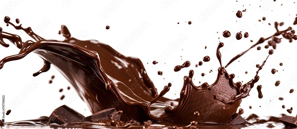 Poster A visual delight unfolds as delicious chocolate splashes into water against a pristine white background, creating a tempting display of texture and movement. The dynamic interaction between the