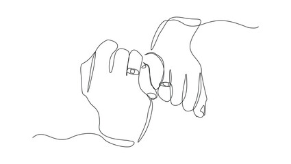 Continuous single line sketch drawing of hand wearing wedding couple rings. One line art of engagement and love marriage symbol vector illustration