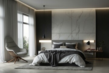 Contemporary bedroom design with dark tones, stylish bed, and elegant decorative elements