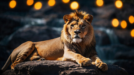 The lion king sitting on a rock with fire background