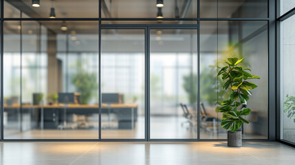  Contemporary office entrance with a lush potted plant and blurred background.