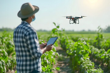 Farmer in the field using drone