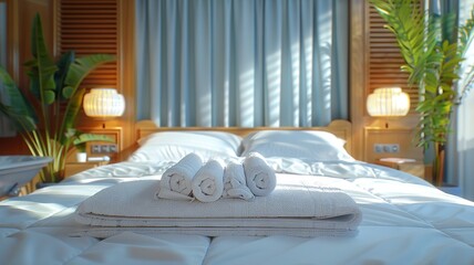 Elegant and serene hotel bedroom interior offering cozy comfort and modern amenities for a peaceful stay.