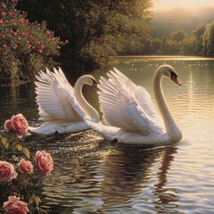 Serene embrace: two swans in love, a graceful display of adoration and unity in the swanst's affectionate bond, a symbol of tranquility and everlasting companionship in the natural world.