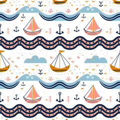 cute seamless pattern with a fishing boat with anchors and sea waves art print
