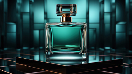 Minimalistic image of a green perfume bottle in the center with studio lighting. Luxurious background. Generative AI - obrazy, fototapety, plakaty