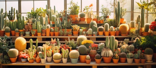 Numerous potted plants, including a variety of cactus, fill the room. The plants are neatly...