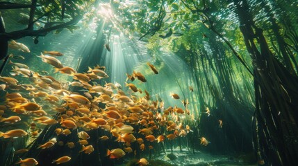 Underwater view of a mangrove forest, Conservation and restoration of mangrove forests, , ecology of mangrove forest.
