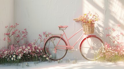 Spring's embrace with a charming pink bicycle among blossoming flowers