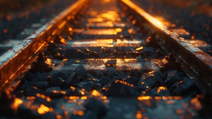 Steel railway tracks illuminated by sunset's glow, offering texture and perspective at dusk.