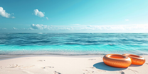 Fototapeta na wymiar Beautiful sandy beach with two swimming rings in sunny weather