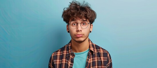 A young Hispanic man, dressed in a stylish plaid shirt and wearing glasses, appears skeptical, nervous, and upset due to a negative situation. - obrazy, fototapety, plakaty