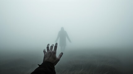 Symbol of Longing and Don’t Go Emotions: Hand Reaching Out to Walking Man in Foggy Landscape - Calling Back - obrazy, fototapety, plakaty