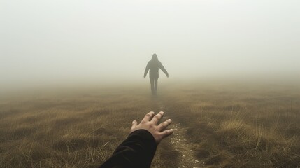 Hand Reaching Out in Foggy Landscape, Man Walking Away: Embodying ‘Don’t Go’ Emotions and Longing - Disappearing Man - obrazy, fototapety, plakaty