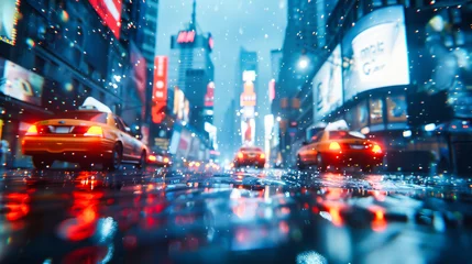 Fototapeten Vibrant City Night and Street Life, Urban Traffic and Illuminated Roads, Rainy Evening and Blurred Lights, Downtown Scene and Busy Transportation, Abstract and Colorful Urban Landscape © NURA ALAM