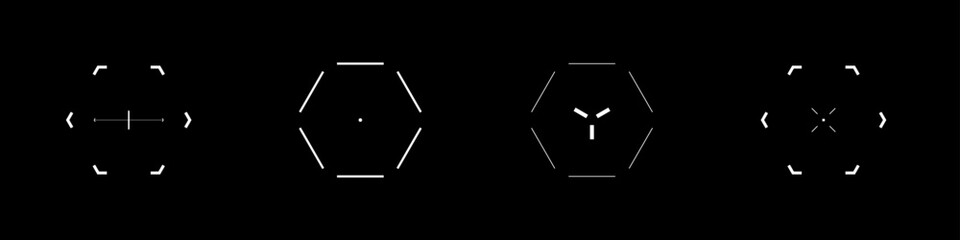 Cyberpunk style set of elements. Hexagon design targets, aims, sights, and crosshairs. A pack of futuristic aims. A vector collection of futuristic cyberpunk design elements