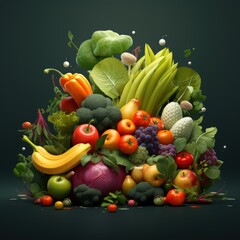 An illustration of vegetables and fruits on a black background