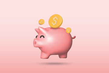 3d piggy bank with coin icon vector illustration design. Saving money concept on pink background.