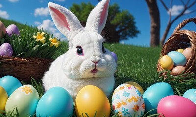 Easter Bunny with Colorful Eggs Basket