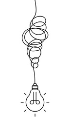 Light bulb on tangled electric wire on white background